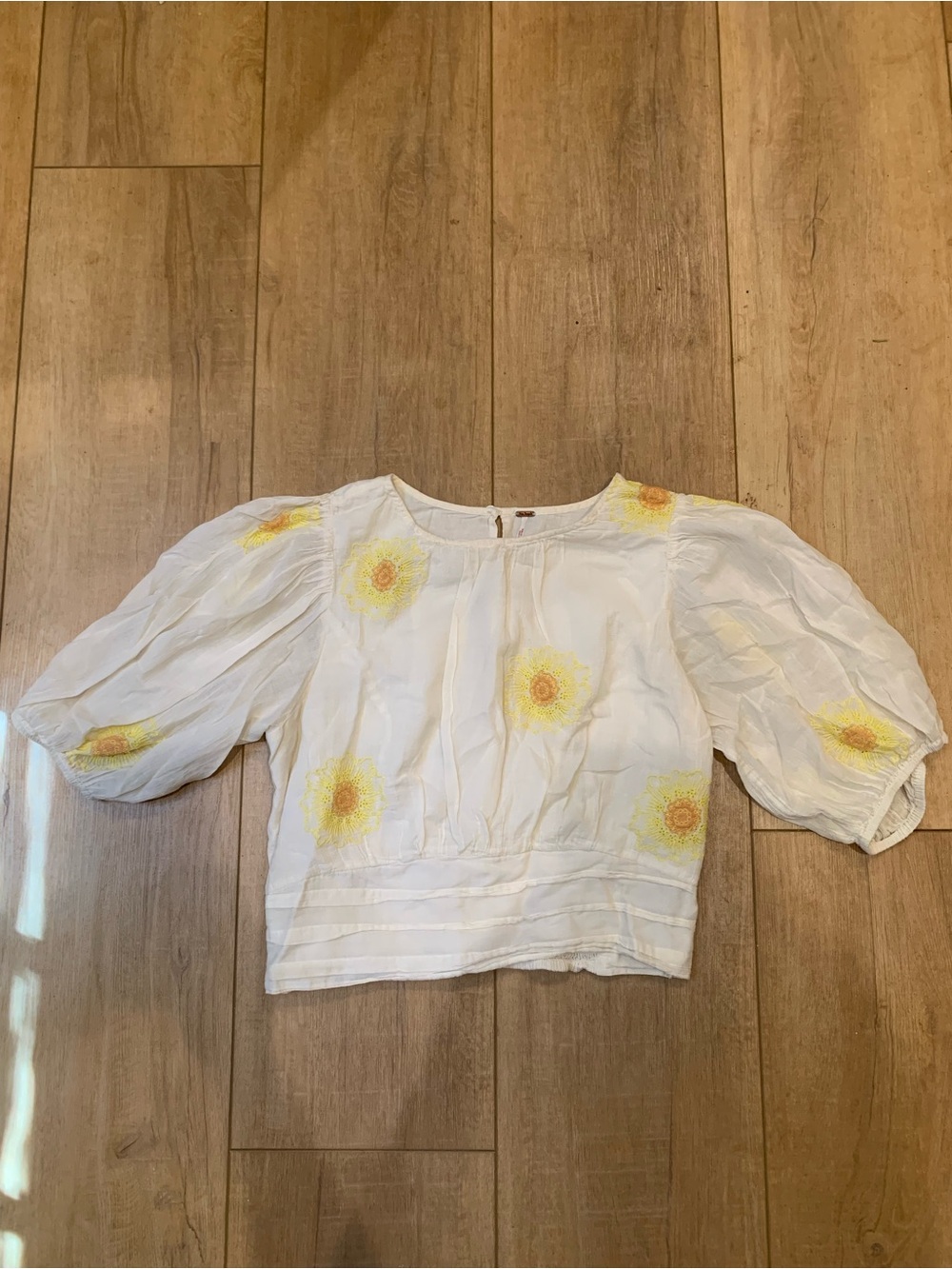 Free People White Puff-Sleeve Sunflower Embroidered Top